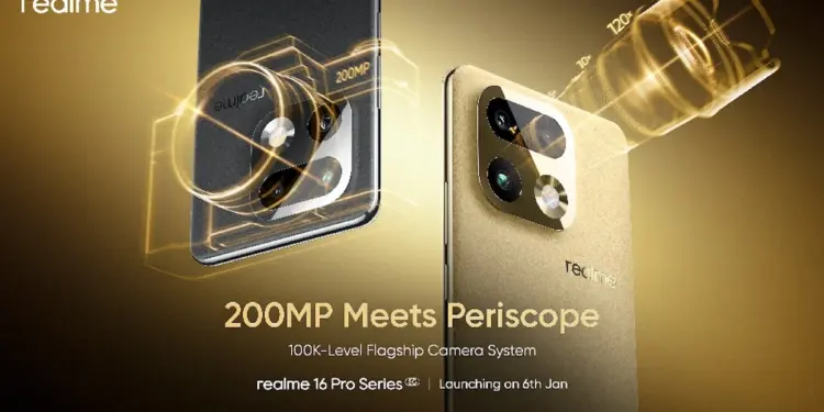 Poster teaser resmi yang membocorkan fitur kamera Realme 16 Pro Series, menampilkan visualisasi detail struktur lensa sensor utama 200MP dan modul lensa periskop telephoto dengan kemampuan super zoom hingga 120x.