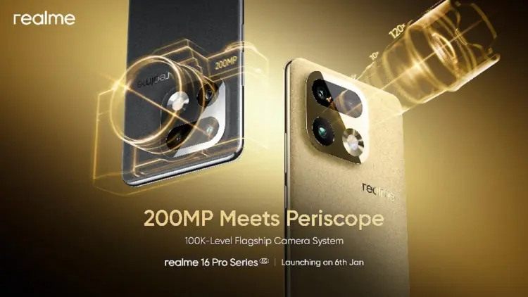 Poster teaser resmi yang membocorkan fitur kamera Realme 16 Pro Series, menampilkan visualisasi detail struktur lensa sensor utama 200MP dan modul lensa periskop telephoto dengan kemampuan super zoom hingga 120x.