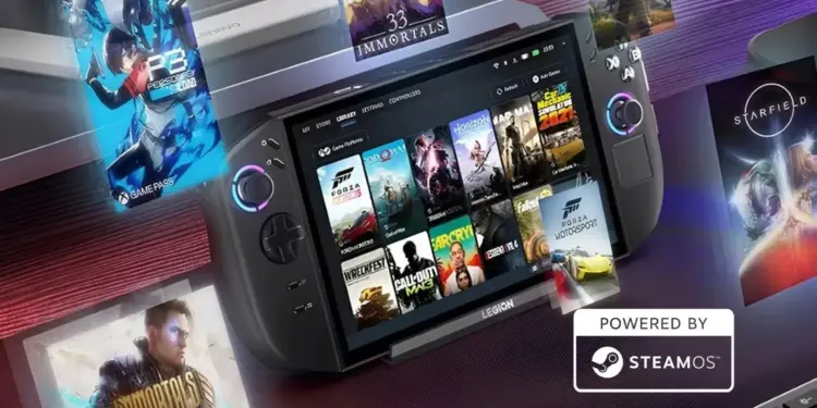 Ilustrasi bocoran Legion Go 2 versi murah yang ditenagai SteamOS menampilkan antarmuka perpustakaan game dan logo Powered by SteamOS.