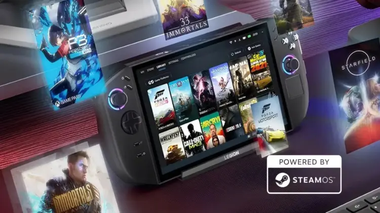 Ilustrasi bocoran Legion Go 2 versi murah yang ditenagai SteamOS menampilkan antarmuka perpustakaan game dan logo Powered by SteamOS.