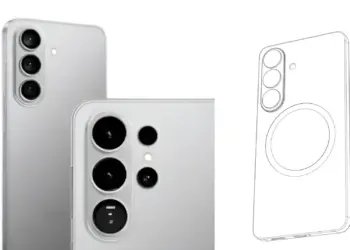 Render desain belakang Samsung Galaxy S26 yang menampilkan modul kamera vertikal disandingkan dengan skema teknis cincin magnetik untuk fitur wireless charging Qi2.