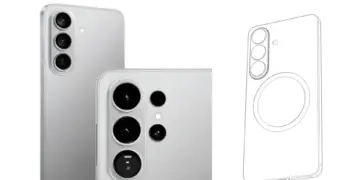 Render desain belakang Samsung Galaxy S26 yang menampilkan modul kamera vertikal disandingkan dengan skema teknis cincin magnetik untuk fitur wireless charging Qi2.