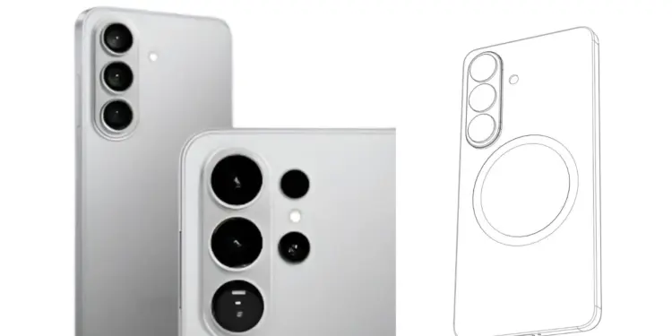 Render desain belakang Samsung Galaxy S26 yang menampilkan modul kamera vertikal disandingkan dengan skema teknis cincin magnetik untuk fitur wireless charging Qi2.