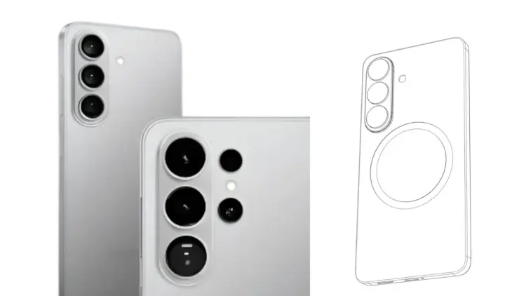 Render desain belakang Samsung Galaxy S26 yang menampilkan modul kamera vertikal disandingkan dengan skema teknis cincin magnetik untuk fitur wireless charging Qi2.