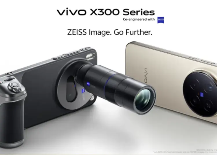 Poster bocoran vivo X300 Series menampilkan aksesoris lensa kamera profesional Zeiss dan desain modul kamera belakang.