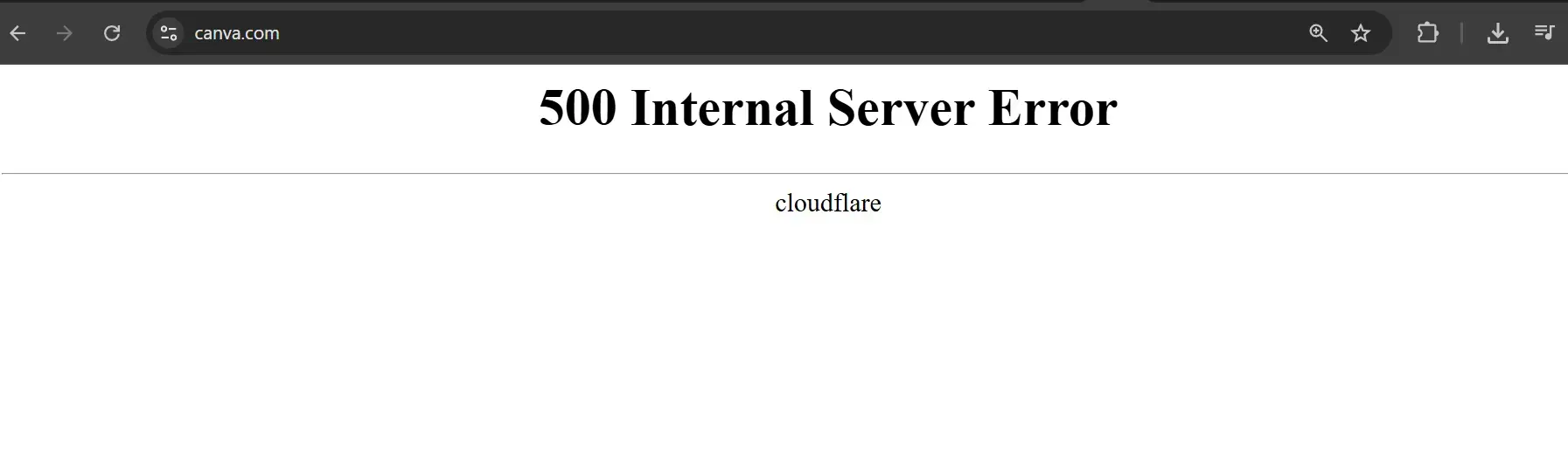 Tangkapan layar browser yang menampilkan eror 500 Internal Server Error di canva.com dengan tulisan cloudflare, mengindikasikan gangguan server utama.