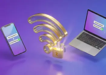 Ilustrasi 3D simbol Wi-Fi emas dengan gembok terbuka di antara smartphone dan laptop, merepresentasikan solusi cara mengetahui password Wi-Fi yang terkunci atau lupa.