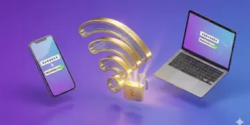 Ilustrasi 3D simbol Wi-Fi emas dengan gembok terbuka di antara smartphone dan laptop, merepresentasikan solusi cara mengetahui password Wi-Fi yang terkunci atau lupa.