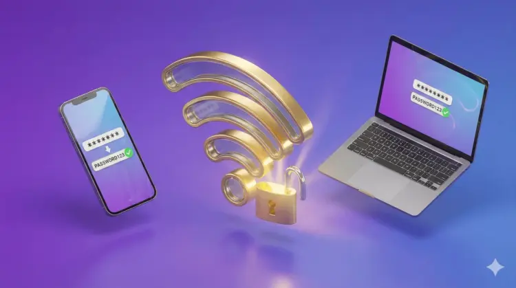 Ilustrasi 3D simbol Wi-Fi emas dengan gembok terbuka di antara smartphone dan laptop, merepresentasikan solusi cara mengetahui password Wi-Fi yang terkunci atau lupa.