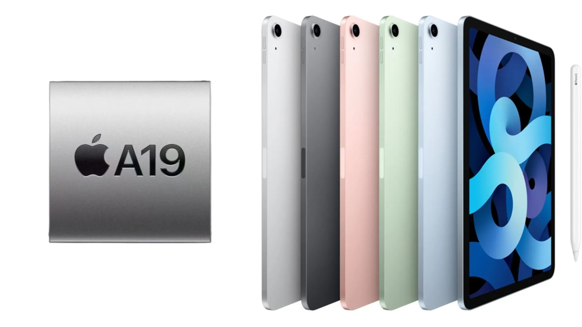 Ilustrasi prosesor Apple A19 bersanding dengan varian warna iPad, menandakan peningkatan performa drastis pada spesifikasi iPad 12 2026.