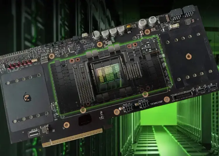 Foto close-up prosesor grafis (GPU) NVIDIA H100 yang menjadi target utama penyelundupan chip NVIDIA ke China, terlihat dengan chip inti yang dikelilingi oleh sirkuit PCB hijau neon, mengambang di tengah ruangan server pusat data AI.
