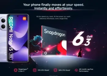 Poster spesifikasi Chipset Redmi Note 15 5G dengan Snapdragon 6 Gen 3 dan klaim performa anti lemot 48 bulan.