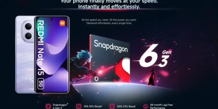 Poster spesifikasi Chipset Redmi Note 15 5G dengan Snapdragon 6 Gen 3 dan klaim performa anti lemot 48 bulan.