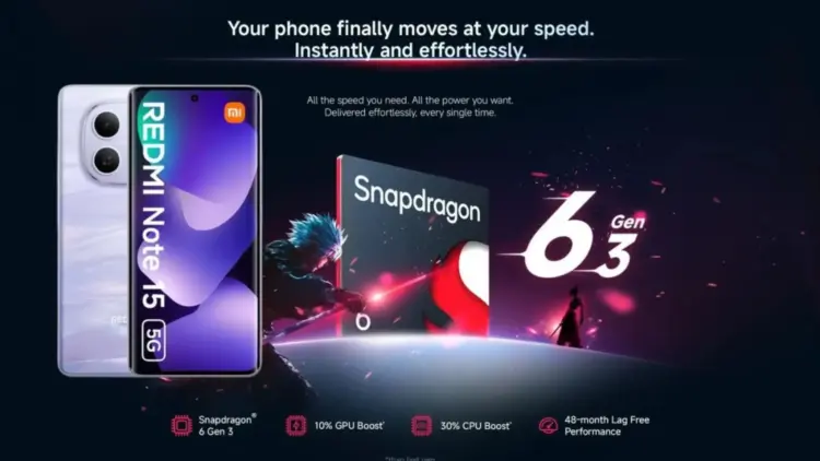 Poster spesifikasi Chipset Redmi Note 15 5G dengan Snapdragon 6 Gen 3 dan klaim performa anti lemot 48 bulan.