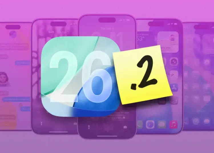Ilustrasi grafis update iOS 26.2 menampilkan angka 26.2 dan deretan layar iPhone, menandakan rilis pembaruan fitur baru minggu ini.