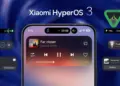 Tampilan antarmuka Xiaomi HyperOS 3 berbasis Android 15 pada layar smartphone yang menampilkan fitur widget musik, notifikasi dynamic island, dan logo Android 15.