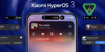 Tampilan antarmuka Xiaomi HyperOS 3 berbasis Android 15 pada layar smartphone yang menampilkan fitur widget musik, notifikasi dynamic island, dan logo Android 15.