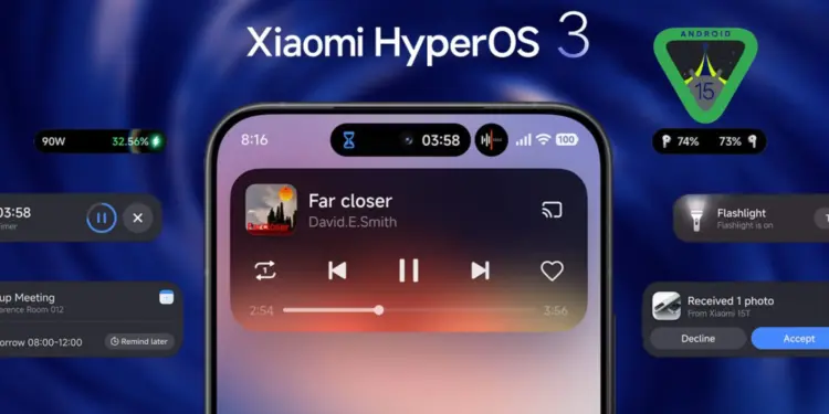 Tampilan antarmuka Xiaomi HyperOS 3 berbasis Android 15 pada layar smartphone yang menampilkan fitur widget musik, notifikasi dynamic island, dan logo Android 15.