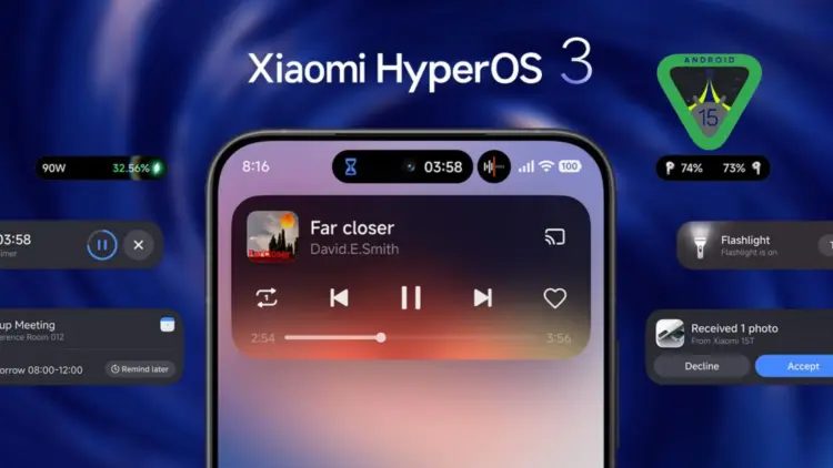 Tampilan antarmuka Xiaomi HyperOS 3 berbasis Android 15 pada layar smartphone yang menampilkan fitur widget musik, notifikasi dynamic island, dan logo Android 15.