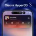 Tampilan antarmuka Xiaomi HyperOS 3 berbasis Android 15 pada layar smartphone yang menampilkan fitur widget musik, notifikasi dynamic island, dan logo Android 15.
