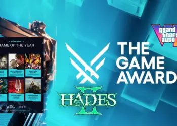 Ilustrasi daftar pemenang The Game Awards 2025 menampilkan logo GTA 6 dan Hades 2 bersanding dengan trofi serta jajaran nominasi Game of the Year.