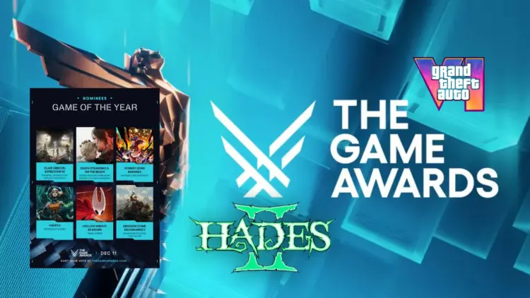 Ilustrasi daftar pemenang The Game Awards 2025 menampilkan logo GTA 6 dan Hades 2 bersanding dengan trofi serta jajaran nominasi Game of the Year.