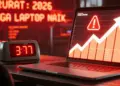 Ilustrasi laptop dengan layar menampilkan grafik merah menanjak tajam dan tanda peringatan, memvisualisasikan data darurat kenaikan harga laptop 2026 yang tak terhindarkan.