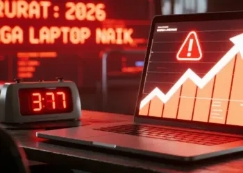 Ilustrasi laptop dengan layar menampilkan grafik merah menanjak tajam dan tanda peringatan, memvisualisasikan data darurat kenaikan harga laptop 2026 yang tak terhindarkan.
