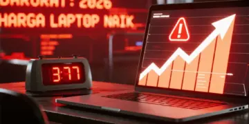 Ilustrasi laptop dengan layar menampilkan grafik merah menanjak tajam dan tanda peringatan, memvisualisasikan data darurat kenaikan harga laptop 2026 yang tak terhindarkan.