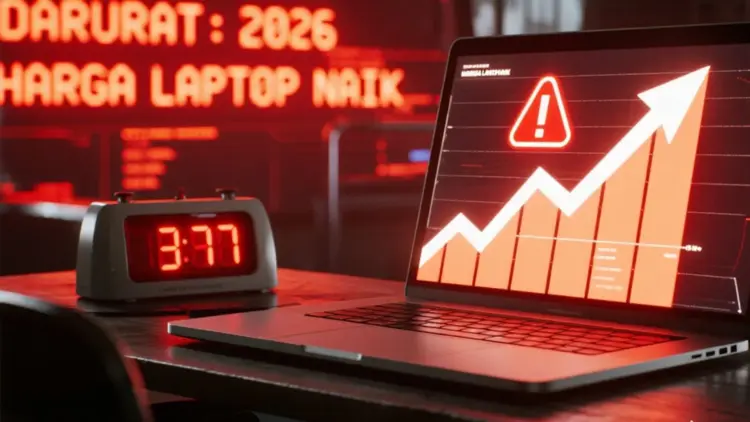 Ilustrasi laptop dengan layar menampilkan grafik merah menanjak tajam dan tanda peringatan, memvisualisasikan data darurat kenaikan harga laptop 2026 yang tak terhindarkan.