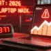 Ilustrasi laptop dengan layar menampilkan grafik merah menanjak tajam dan tanda peringatan, memvisualisasikan data darurat kenaikan harga laptop 2026 yang tak terhindarkan.