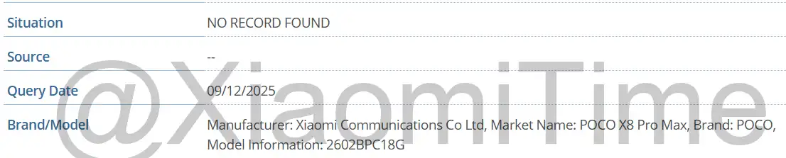 Tangkapan layar database IMEI yang menampilkan nomor model 2602BPC18G dengan nama pasar resmi POCO X8 Pro Max.