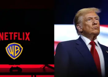Kolase foto yang menampilkan logo Netflix dan Warner Bros di layar TV bersandingan dengan wajah serius Donald Trump, mengilustrasikan potensi intervensi presiden dalam deal Netflix Warner Bros.