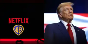 Kolase foto yang menampilkan logo Netflix dan Warner Bros di layar TV bersandingan dengan wajah serius Donald Trump, mengilustrasikan potensi intervensi presiden dalam deal Netflix Warner Bros.