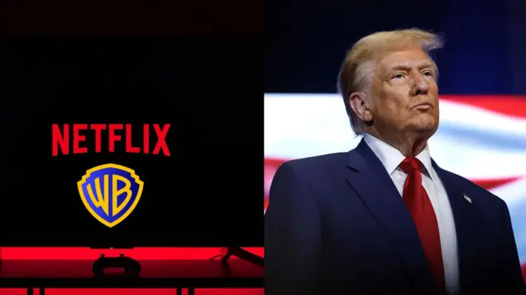 Kolase foto yang menampilkan logo Netflix dan Warner Bros di layar TV bersandingan dengan wajah serius Donald Trump, mengilustrasikan potensi intervensi presiden dalam deal Netflix Warner Bros.