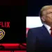 Kolase foto yang menampilkan logo Netflix dan Warner Bros di layar TV bersandingan dengan wajah serius Donald Trump, mengilustrasikan potensi intervensi presiden dalam deal Netflix Warner Bros.