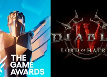 Logo resmi Diablo IV Lord of Hatred bersanding dengan piala The Game Awards (TGA) 2025, menandakan pengumuman besar ekspansi terbaru Blizzard.