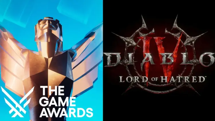 Logo resmi Diablo IV Lord of Hatred bersanding dengan piala The Game Awards (TGA) 2025, menandakan pengumuman besar ekspansi terbaru Blizzard.