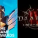 Logo resmi Diablo IV Lord of Hatred bersanding dengan piala The Game Awards (TGA) 2025, menandakan pengumuman besar ekspansi terbaru Blizzard.