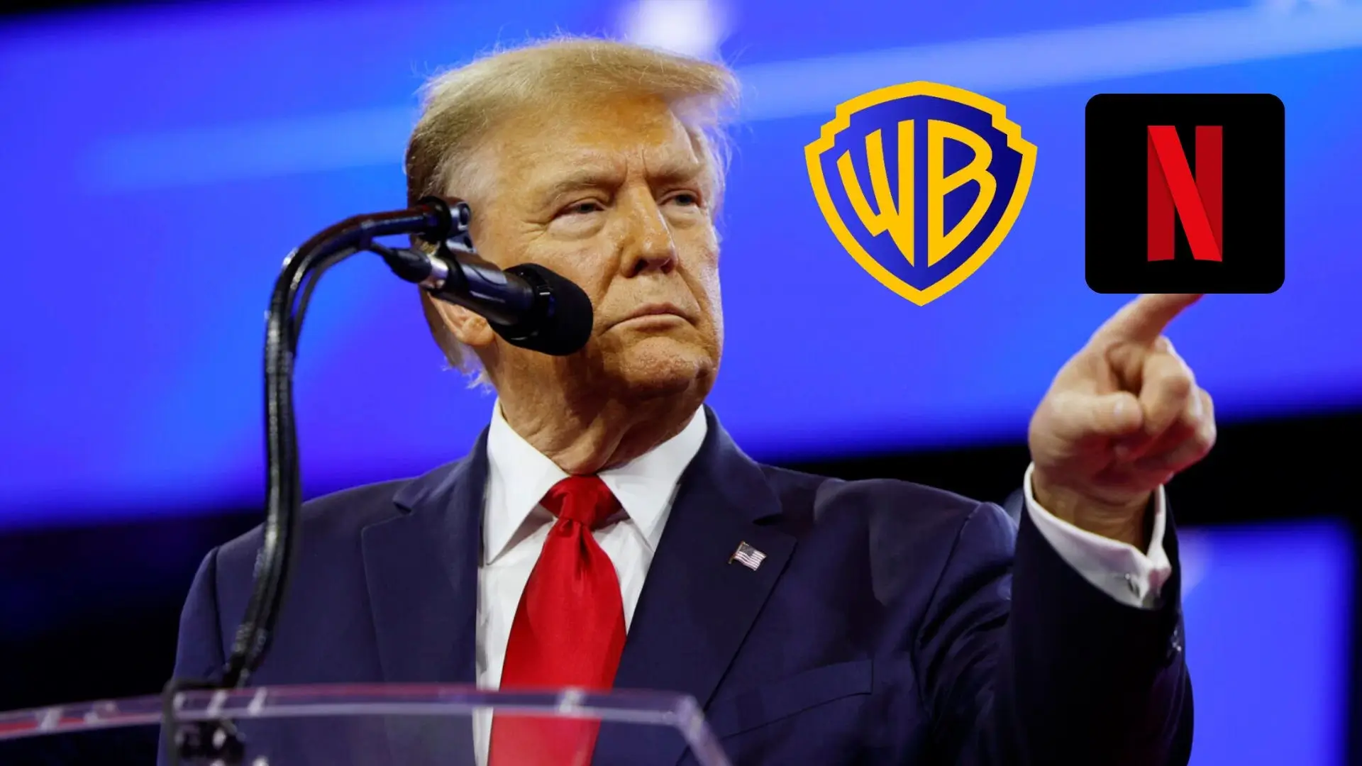 Donald Trump sedang berpidato dengan gestur menunjuk tegas, di samping logo Warner Bros dan Netflix, mengisyaratkan keterlibatannya dalam keputusan merger.