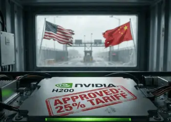 Ilustrasi chip Nvidia H200 dengan stempel merah bertuliskan "APPROVED: 25% TARIFF" di dalam kontainer, berlatar belakang bendera Amerika Serikat dan China di gerbang perbatasan.