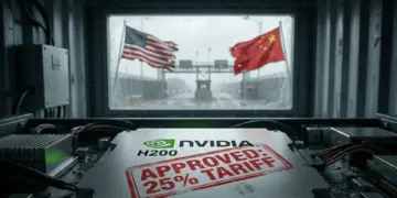 Ilustrasi chip Nvidia H200 dengan stempel merah bertuliskan "APPROVED: 25% TARIFF" di dalam kontainer, berlatar belakang bendera Amerika Serikat dan China di gerbang perbatasan.