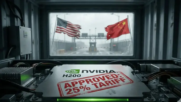 Ilustrasi chip Nvidia H200 dengan stempel merah bertuliskan "APPROVED: 25% TARIFF" di dalam kontainer, berlatar belakang bendera Amerika Serikat dan China di gerbang perbatasan.