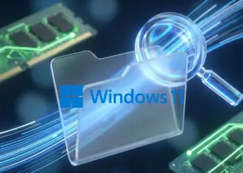 Ilustrasi 3D update File Explorer Windows 11 menampilkan ikon folder dengan kaca pembesar dan modul RAM hijau, melambangkan optimasi pencarian file yang lebih cepat dan efisiensi memori.