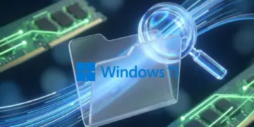 Ilustrasi 3D update File Explorer Windows 11 menampilkan ikon folder dengan kaca pembesar dan modul RAM hijau, melambangkan optimasi pencarian file yang lebih cepat dan efisiensi memori.