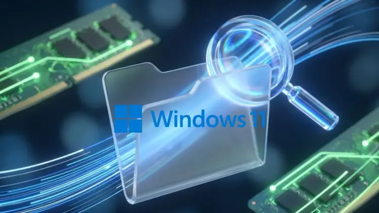 Ilustrasi 3D update File Explorer Windows 11 menampilkan ikon folder dengan kaca pembesar dan modul RAM hijau, melambangkan optimasi pencarian file yang lebih cepat dan efisiensi memori.