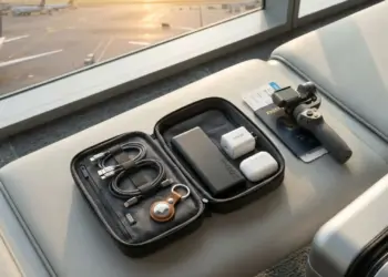 Flat lay koleksi gadget liburan akhir tahun wajib bawa termasuk power bank 20000mAh, charger GaN, gimbal HP, dan AirTag dalam pouch organizer di kursi tunggu bandara saat sunset.