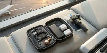 Flat lay koleksi gadget liburan akhir tahun wajib bawa termasuk power bank 20000mAh, charger GaN, gimbal HP, dan AirTag dalam pouch organizer di kursi tunggu bandara saat sunset.