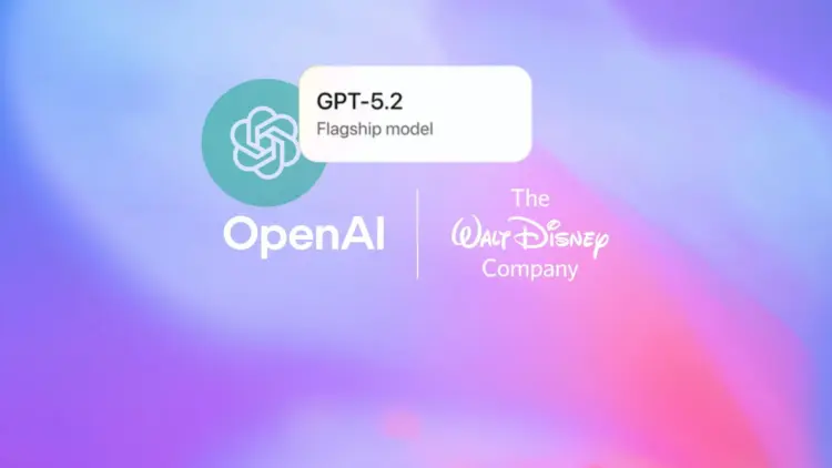 Logo OpenAI bersanding dengan logo The Walt Disney Company dan teks GPT-5.2 Flagship model, menandakan kolaborasi investasi dan teknologi terbaru.