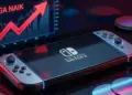Ilustrasi konsol Nintendo Switch 2 di depan grafik merah yang menanjak tajam dengan teks Harga Naik, simbol dampak krisis memori global.